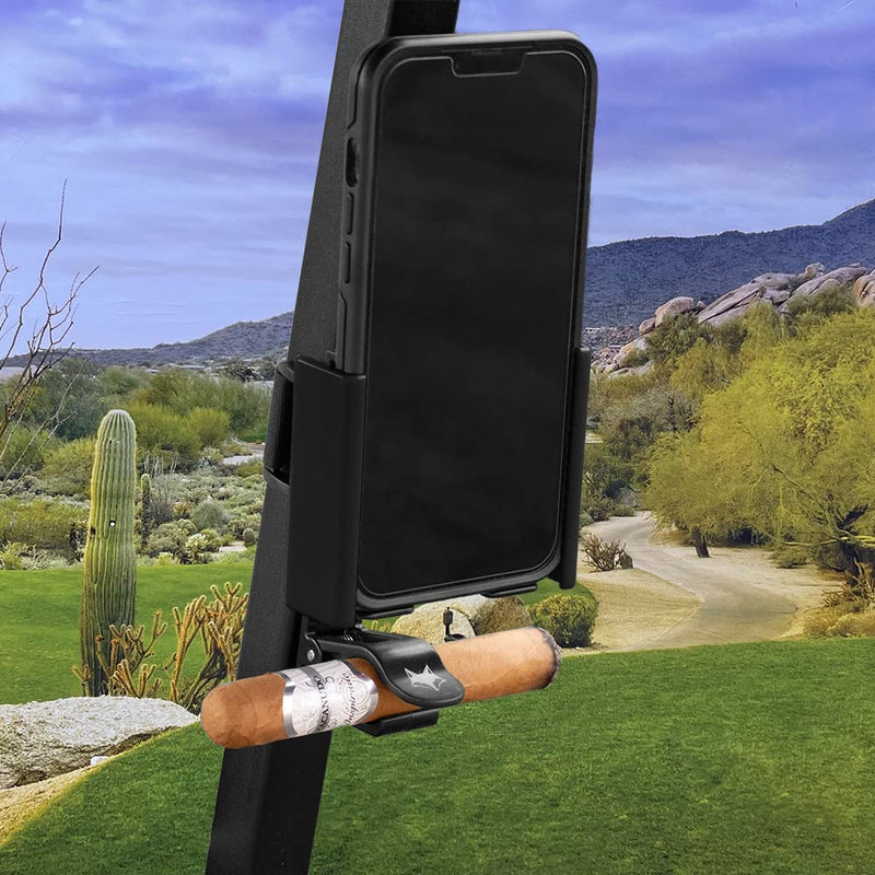Phone Caddy + Cigar Holder - The best phone and cigar holder for golf - Fits all popular smart phones cigars (Black) Black