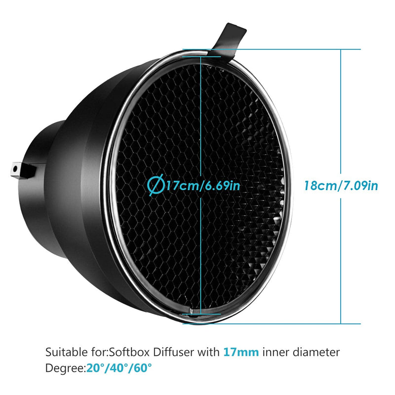 Neewer Standard Reflector 7 inches/18 Centimeters Soft Diffuser with 20/40/60 Degree Honeycomb Grid for Bowens Mount Studio Flash Strobe Light Monolight 20/40/60 Degree+diffuser