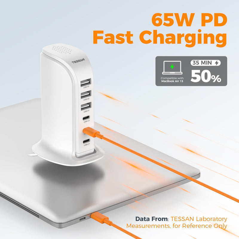 65W USB Charging Station for Multiple Devices, TESSAN Phone Fast Charger Tower for iphone13/14/15, ipad, Tablet, Earphone with 6 USB Blocks(3 USB C) for Home Office Travel Accessories