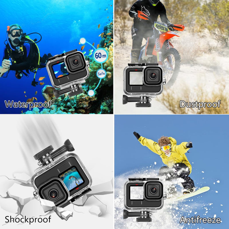 60M/196FT Waterproof Case for GoPro Hero12 Black/Hero11 Black/Hero10 Black/Hero9 Black Camera Accessories,Underwater Deep Diving Protective Shell for Hero12/11/10/9 Black