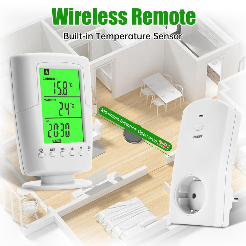 diymore Wireless Thermostat Socket, Infrared Heating Thermostat with Heating and Cooling Mode, Socket Thermostat 230 V with Temperature Sensor, LCD Display with Backlight