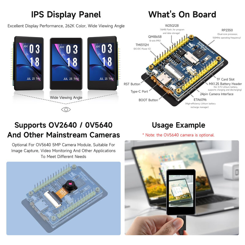 Waveshare RP2350 2inch Capacitive Touch Display Development Board,240×320 Pixels, IPS Panel, 262K Color, Onboard Camera Interface
