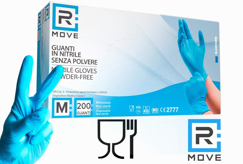 R MOVE Pack of 200 Disposable Gloves, Blue, M Nitrile Gloves, Rubber Gloves, Disposable Medical Examination Gloves, Powder-Free (Blue, M) | 200 Nitrile Gloves M Blue Powder-Free Disposable Gloves