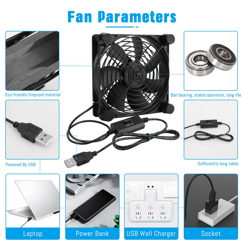 Quiet 120mm USB Computer Fan Dual Ball Bearing with Speed Controller 5v Powered Fan for Router Modem Xbox DVR PlayStation Receiver Cooling Both side with metal grill