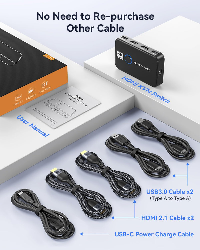 KVM Switch 1 Monitors 2 Computers Viagkiki USB Switch for 2 Computers Share Keyboard Mouse Printer and one HD Monitor Support UHD 8K@60Hz with 2 USB Cable and 2 HDMI Cable (Black) Black
