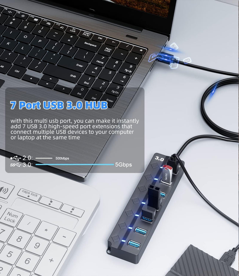 USB 3.0 Hub, 7-Port with Individual On/Off Switches & LED Indicators, 5Gbps High-Speed Data Hub for Laptop, PC, MacBook, Surface Pro, PS5, HDD, Flash Drive (4ft Cable)