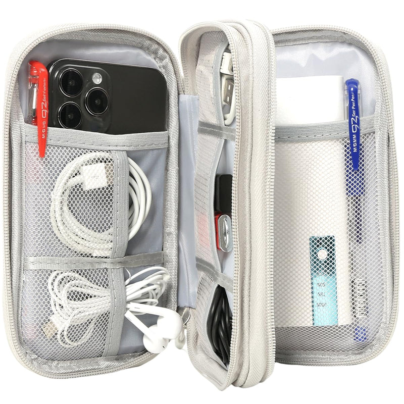 Travel Organizer Pouch Electronic Accessories Carry Case Portable Waterproof Double Layers Storage Bag for Cable, Cord, Charger, Phone, Power Bank, Earphone, Hard Drive (Light Grey, Large) Light Grey