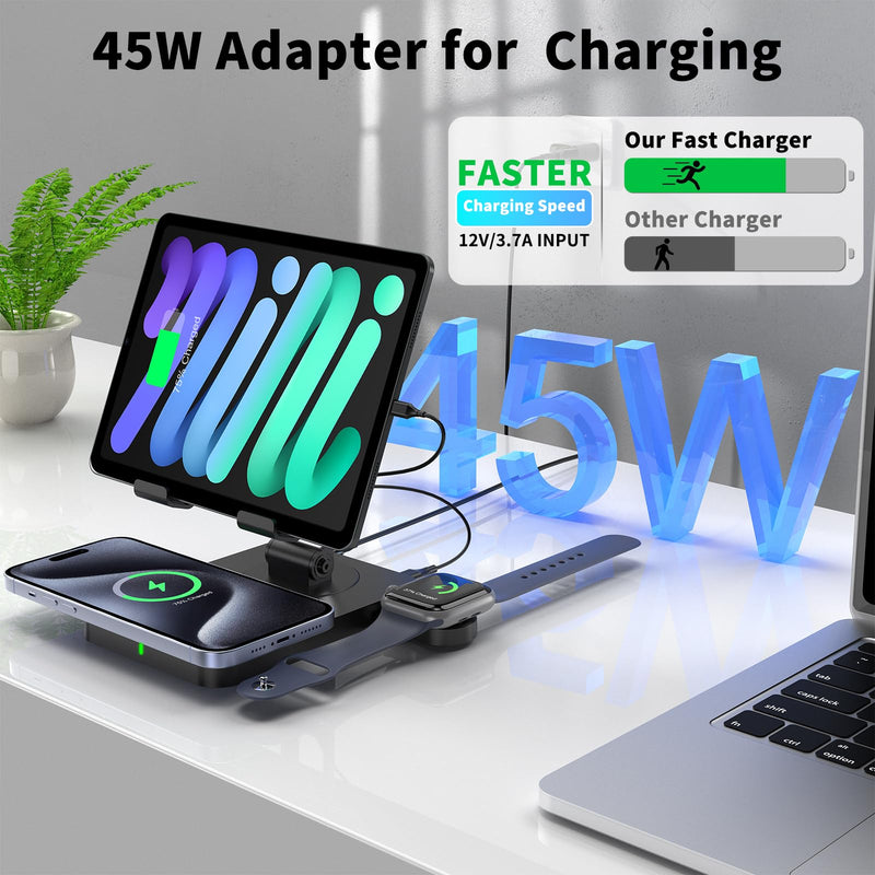 Wireless Charging Station for Multiple Devices Apple, Magsafe Charger for iPhone 15 Pro Max/14/13/12, Foldable Watch Charger for Apple Watch 9, Rotating iPad Charging Station with 45W Adapter