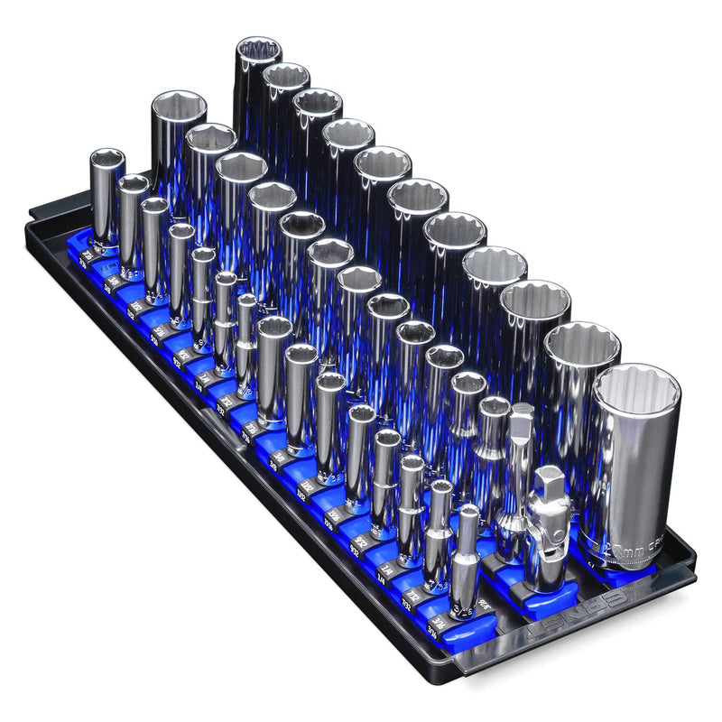 Ernst Manufacturing 8491 Socket Boss Multi-Drive Socket Organizer Tray with 13” Socket Rails, Blue – Drive Socket Storage Tray for Automotive Service Technician’s Toolbox - Made in USA 13-Inch