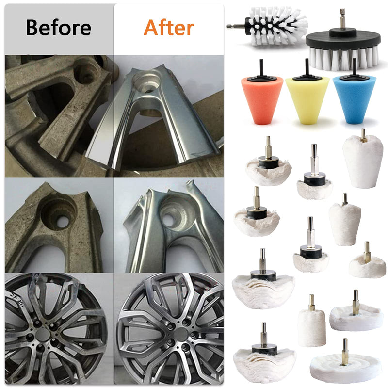Polishing Pad Buffing Wheel Kit 17 Pack, for Drill for Metal Aluminum Stainless Steel Chrome Wood Plastic Ceramic Glass Woods Fabric Cotton Machine Jewelry etc 17 PCS