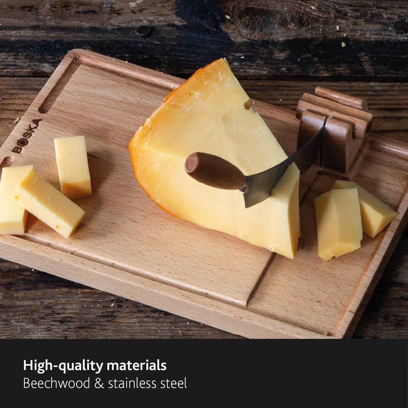 BOSKA Cheese Cutter Lumberjack Amigo/Serving Board with Cheese Knife/Beechwood and Stainless Steel/For Cheese and Sausage/Safe Cutting/With Crumb Catcher / 9 Inches