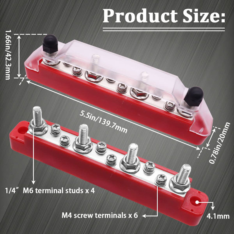 150A 12V Bus Bar Marine Power Distribution Terminal Block with Cover with 4 x 1/4”(M6) Post,6 x M4 Terminal Screws,Battery Bus Bar (Pair, Red & Black) for Car Boat Marine