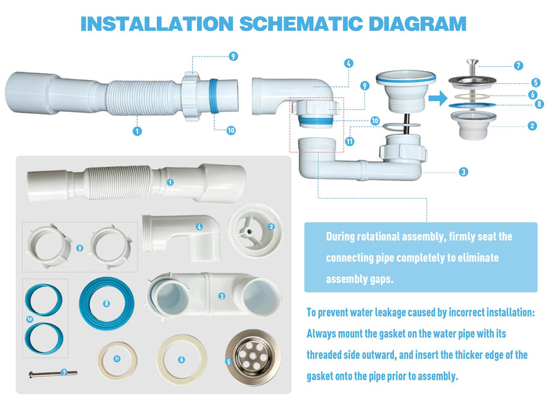 Bath Shower Drain Low Profile p Trap 1 1/2" Bath Flat Trap Kit for Acrylic bathtubs(Waste, Plastic Flexible Pipe + Trap) | Includes flexible plastic pipe and trap; fits acrylic bathtubs; 1-1/2" waste drain; easy DIY installation