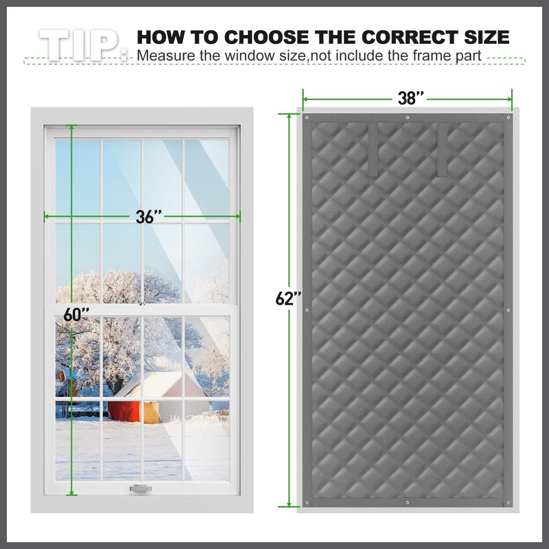 Thermal Window Cover for Winter,38" X 62" for Window Insulation for Summer Heat, Oxford Cloth Cotton Layer Window Sun Blocker to Keep Heat, Window Insulation Kit Fits Up to 3 x 5 Ft Window 38IN X 62IN Gray