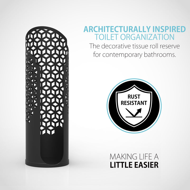 Better Living Rollo Hexacube Toilet Paper Reserve, 4 Rolls, Matte Black | Bathroom Toilet Paper Storage Holder, Freestanding Durable Steel, No Assembly