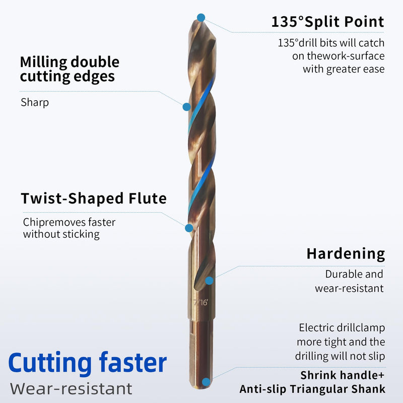 Cobalt Drill Bit 7/16" Twist Drill Bits, M35 High Speed Steel Jobber Length Drill Bit, 135 Degree Tip for Hard Metal, Stainless Steel, Cast Iron with Index Storage Case, Pack of 5 pcs 7/16 in(5pcs)