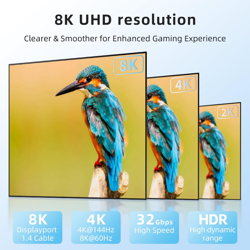 Diyanisly 8K DisplayPort Cable 30FT, DP 1.4 Cable, Support 32.4Gbps 8K@60Hz 4K@120Hz 2K@240Hz, High Refresh Rate Flexible for HDR DSC, FreeSync, G-Sync, Gaming Monitor/Graphics Card PC(Braided, Black) 30 feet