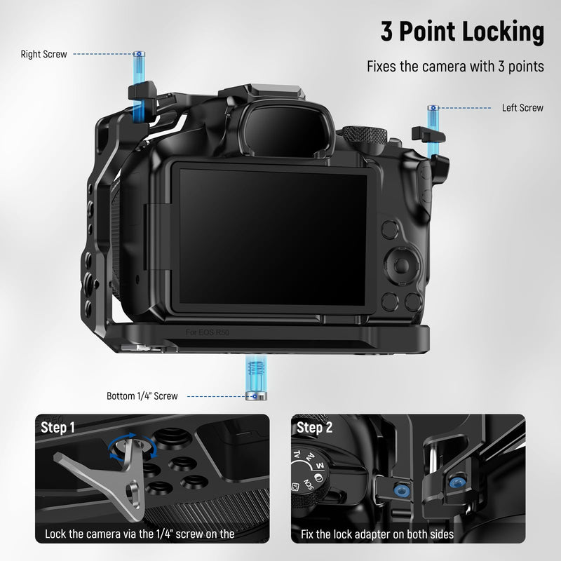 NEEWER R50 Camera Cage Compatible with Canon EOS R50, Aluminum Video Rig with NATO Rail, 1/4" Threads, 3/8" ARRI Holes, Cold Shoe, Anti Twist, Compatible with DJI Gimbals Arca Type QR System, CA031