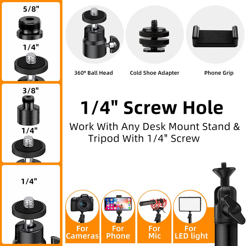 Overhead Camera Mount Desk Stand, Flexible Articulated Arm DSLR Desk Mount Light Stand Phone Holder with 1/4" 3/8'' 5/8'' Screw, Clamp Tabletop Stand for Podcasting/Light/Blue Yeti Nano/Webcam