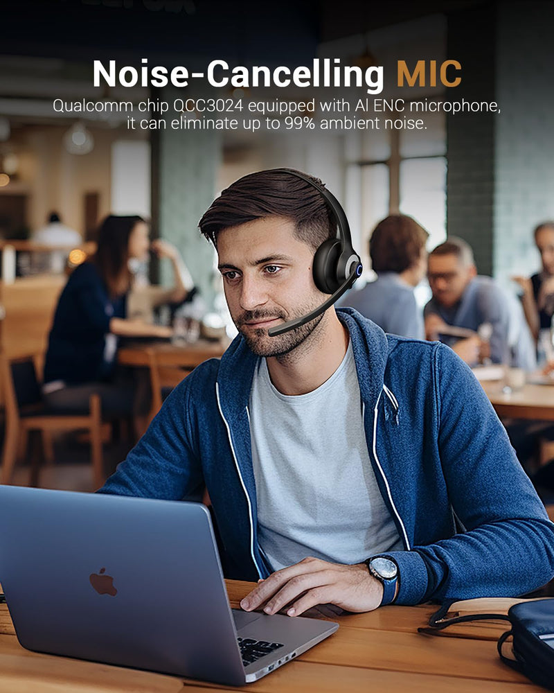 Wireless Headset with Microphone - Bluetooth V5.2 Headphones with USB Dongle & Mic Mute for PC/Computer/Laptop/Call Center/Zoom/Online Class/Trucker - Bluetooth Headset, Black, EH06U