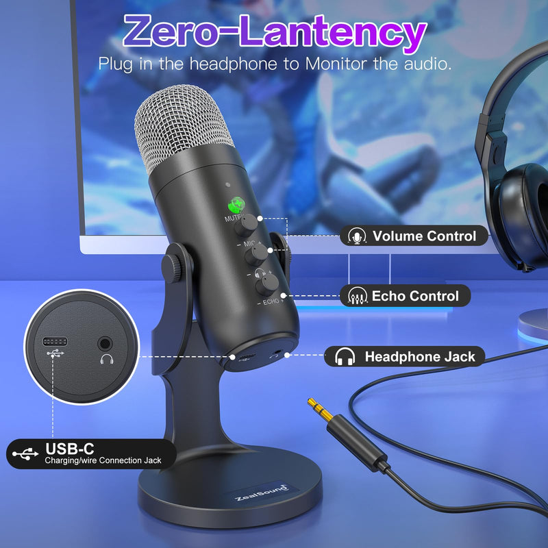 ZealSound Wireless Microphone,USB Mic for iPhone PC iPad Android Phone-Cordless Microphones with Mute Echo Monitor Volume Gain & Bluetooth BGM,2.4GHz for Podcast,ASMR,Gaming,YouTube Video/K66 Black