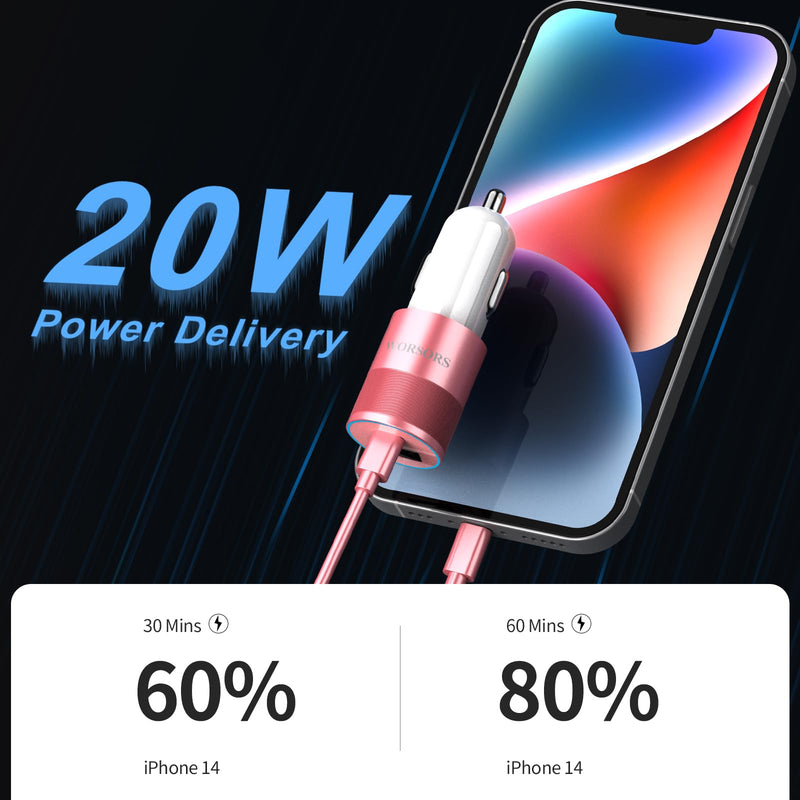 35W USB C Fast Car Charger [Apple MFi Certified] Compatible with iPhone 14 Pro/14 Pro Max/14+/13/12/11/Mini/XS/XR/8, 20W PD3.0 Rapid Charging Adapter + 3Ft Type C to Lightning Cable - Pink Rose Gold