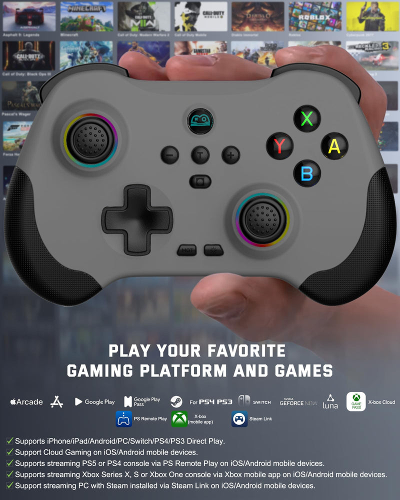 Joso Mobile Gaming Controller for iPad/iPhone/Tablet, Cloud Controller Remote Joystick for iOS/Android, Wireless Switch Controller with Macro Buttons/Hall-Rocker/Hall-Trigger - Grey
