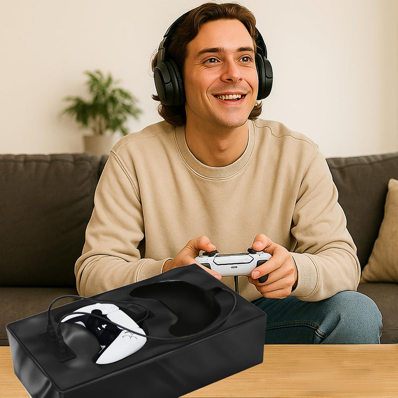 Gaming Controller Charger Docking Station for Sofa. Compatible with PS5 and PS4 Sony PlayStation Dualsense Controller. Remote Charging Station with Fast Charging Port 3DDR-USB-Small-PS5Leather-BLACK