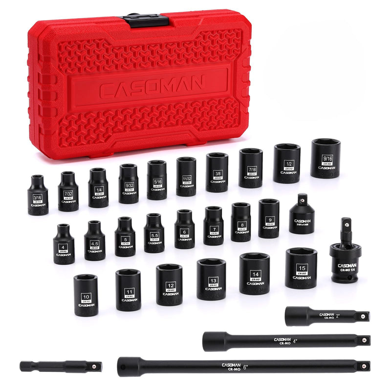 CASOMAN 30PCS 1/4” Drive Magnetic Shallow Impact Socket Set, 6 Point, CR-MO, SAE & Metric, Include Extension Bars, Socket & Hex shank Adapters, Universal Joint
