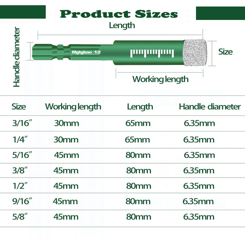 6pc 5/8” Green Dry Diamond Drill Bits Set, 16mm Hex Shank Core Drill Bit Brazed with Cooling Wax for Porcelain Tile Ceramic Concrete Granite Marble Hard Materials (not for Wood). 5/8 in 6