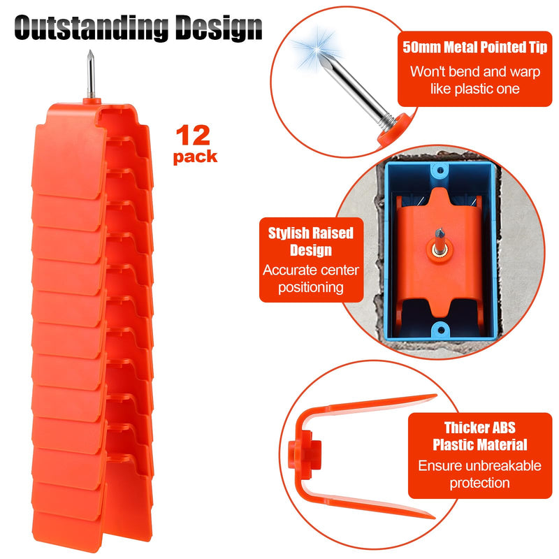 Dreyoo 12 Pack Drywall Outlet Marker with Metal Tip, No Measuring Needed Electrical Box Locator Tool, Blind Mark Drywall Cutout Tool for Single Gang Outlet Boxes, Wire Protection (Orange) Orange