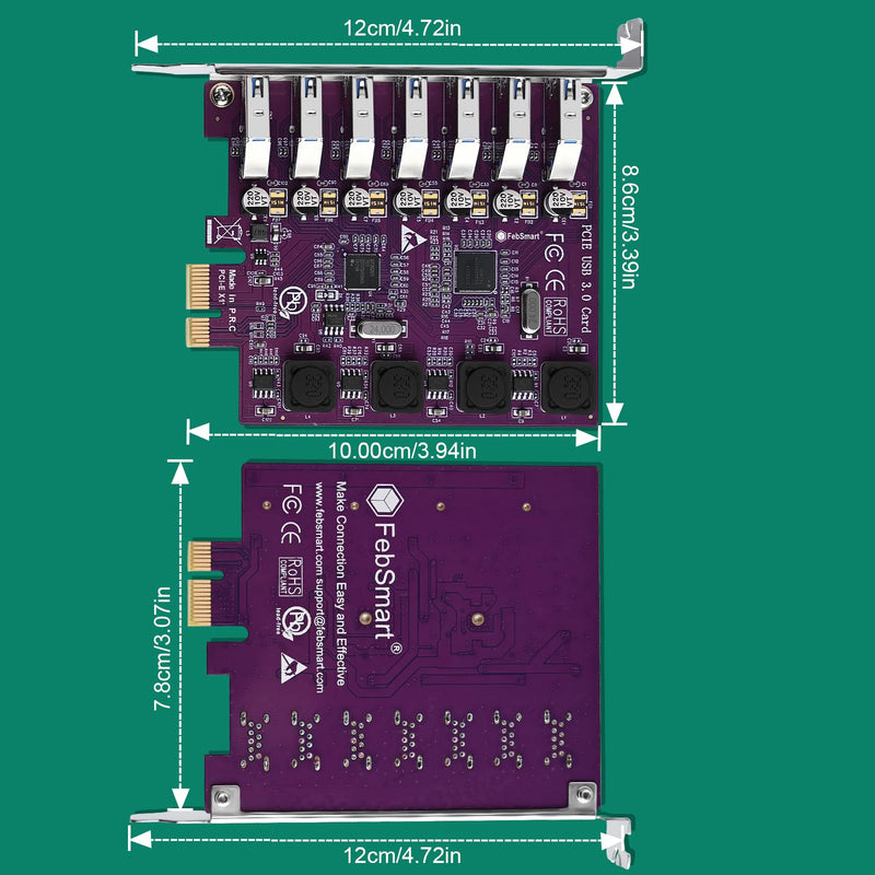 7X 5Gbps USB-A Ports PCIE USB 3.0 Expansion Card for Windows 11, 10, 8.x, 7, Vista, XP Desktop PCs, Built in FebSmart Self-Powered Technology, No Need Additional Power Supply (FS-U7L-Pro) FS-U7L-Pro Purple