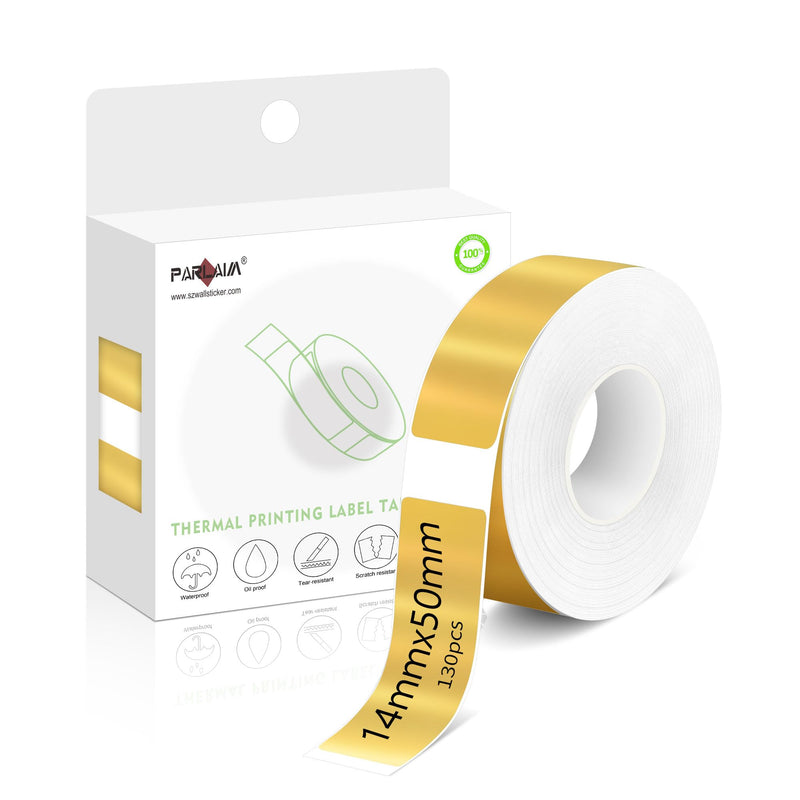 PARLAIM Printing Label Stickers 130pcs 14X50mm (1/2" X1 7/8") Self Adhesive Thermal Label Tape in Dispenser Box Compatible with D30 Labels Maker for Home Office School Bright Gold 1 Roll-130PCS
