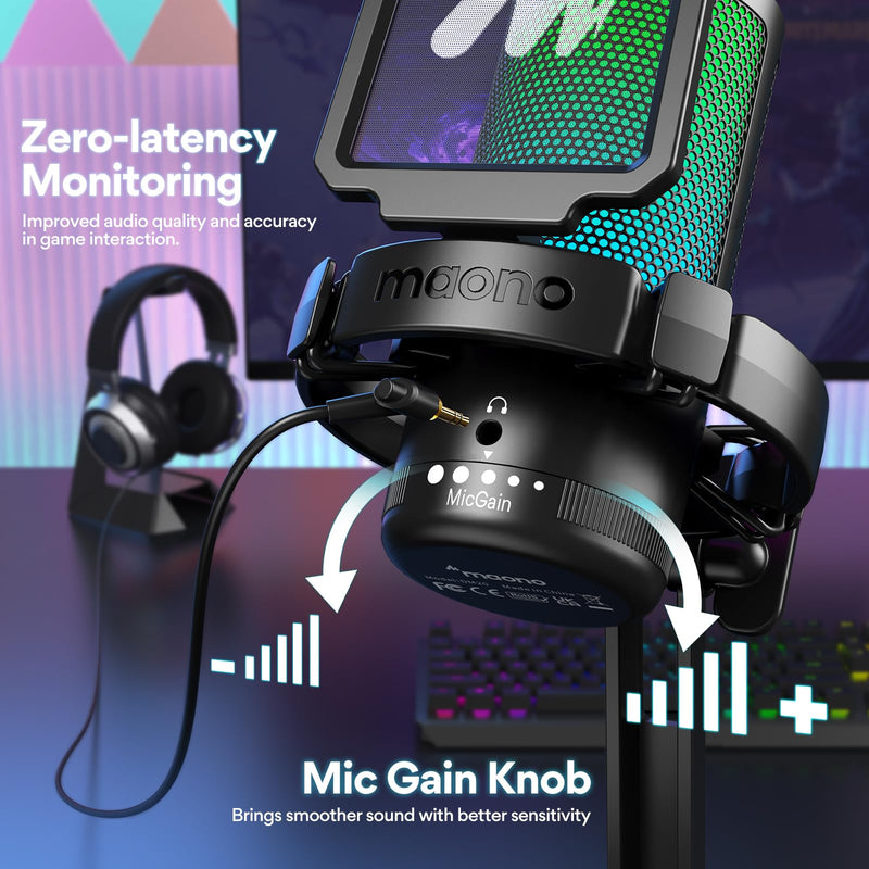 MAONO USB Gaming Microphone for PC, Noise Cancellation Condenser Mic with RGB Lights, Mute, Gain for Streaming, Recording, Podcast, Chat, Twitch, YouTube, Discord, Computer, PS5, PS4, GamerWave Black