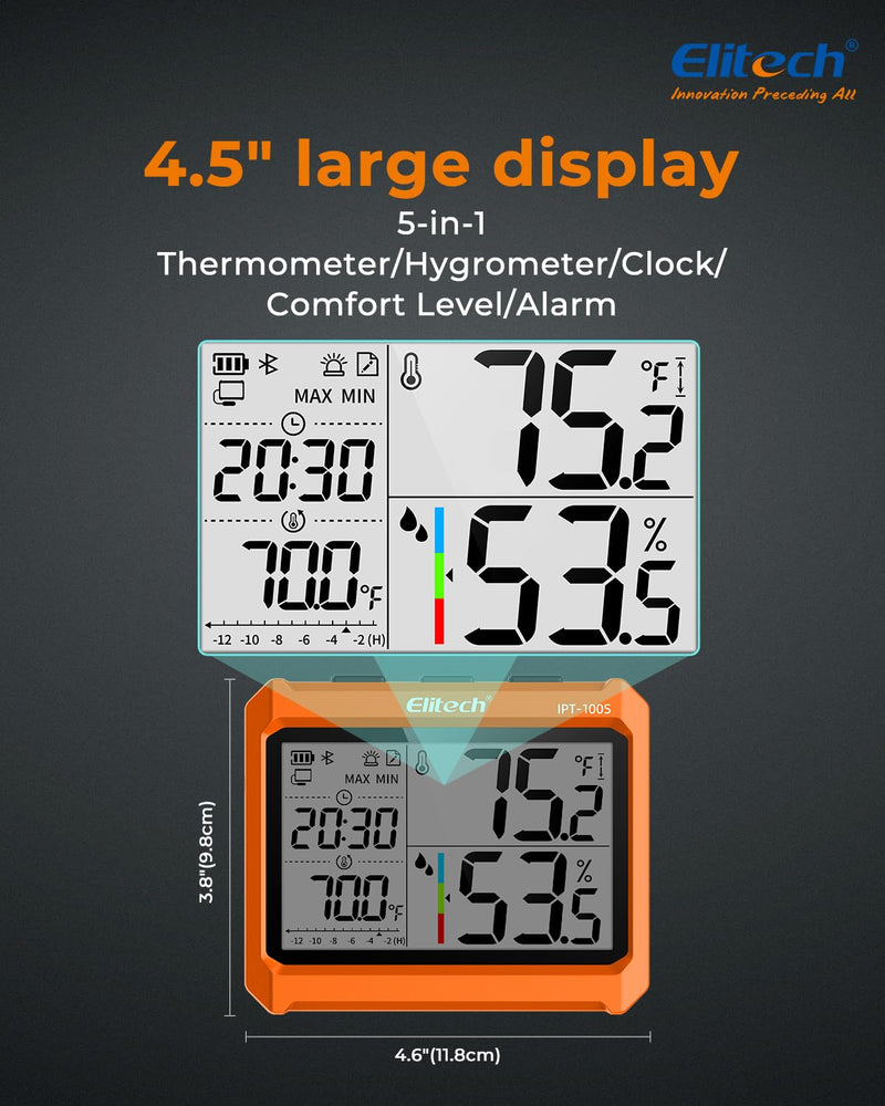 Elitech Digital Bluetooth Hygrometer Thermometer with App, 4.5 Inch Display, Real-time Monitoring of Temperature & Humidity, PDF/CSV Export, External Probe, IPT-100S