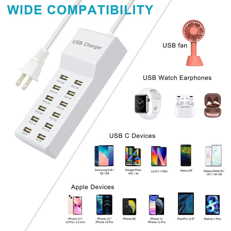USB Charger 12 Port USB Charging Station with Fast Charging for Multiple Devices USB Charging Port Compatible with Cell Phones Tablets Laptops (12 USB Ports) 12 USB Ports