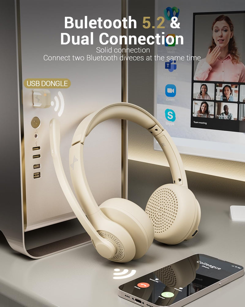 Wireless Headset with AI Noise Cancelling Microphone Bluetooth Headset - Bluetooth V5.2 Headphones with USB Dongle & Mic Mute for Computer/Laptop/PC/iPhone/Android/Cell Phones/Zoom-Apricot Apricot