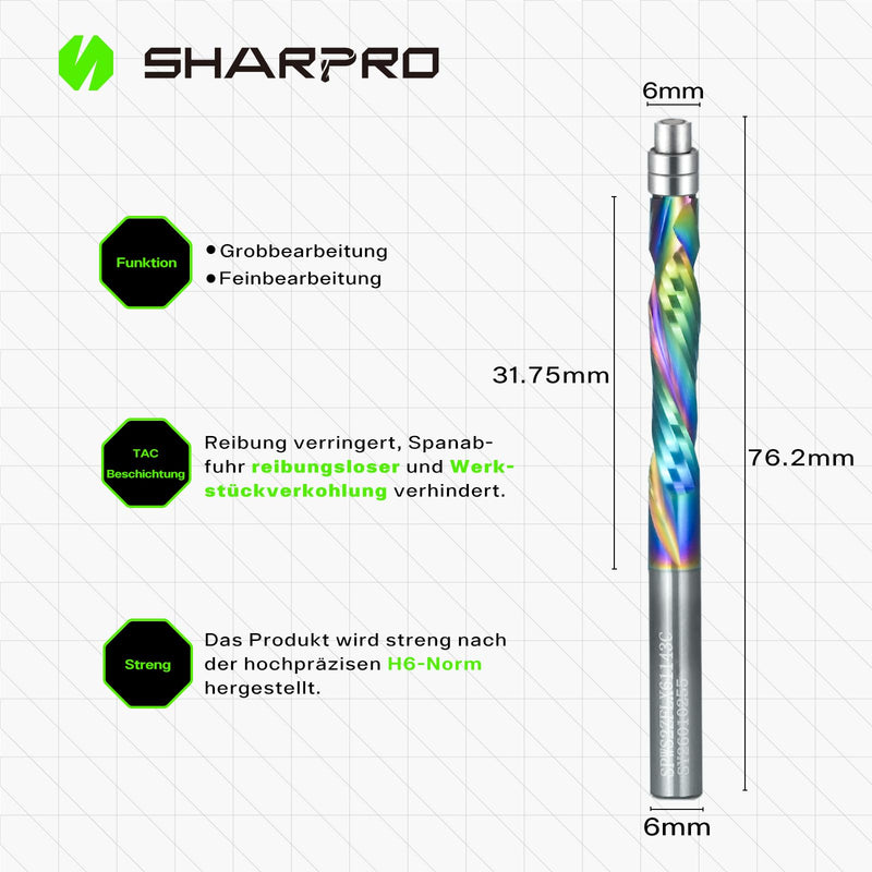 Spiral Flush Cutter 6mm Shank for Router Spiral Groove Cutter | Extra Long Cutting Edge Coated Solid Carbide Burr, Flush Edges for CNC Woodworking, 31.75 mm SL, 76.2 mm GL compression SD 6mm - SKD 6mm - SL 31.75mm - GL 76.2mm