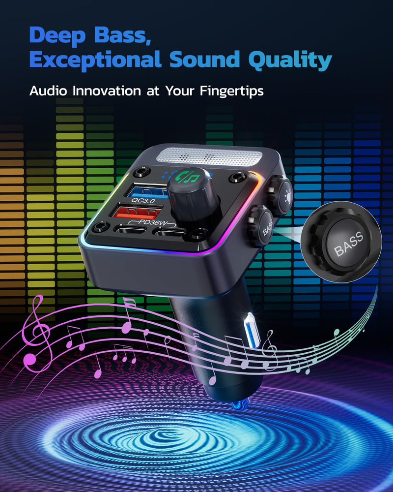 Nulaxy 54W Bluetooth 5.3 Car Adapter with 4 Charging Ports [PD 36W & QC3.0 18W], Wireless Radio FM Transmitter with Deep Bass Player & 5 Colors LED Backlit, Hands-Free Calling - NX16 Black A-Black