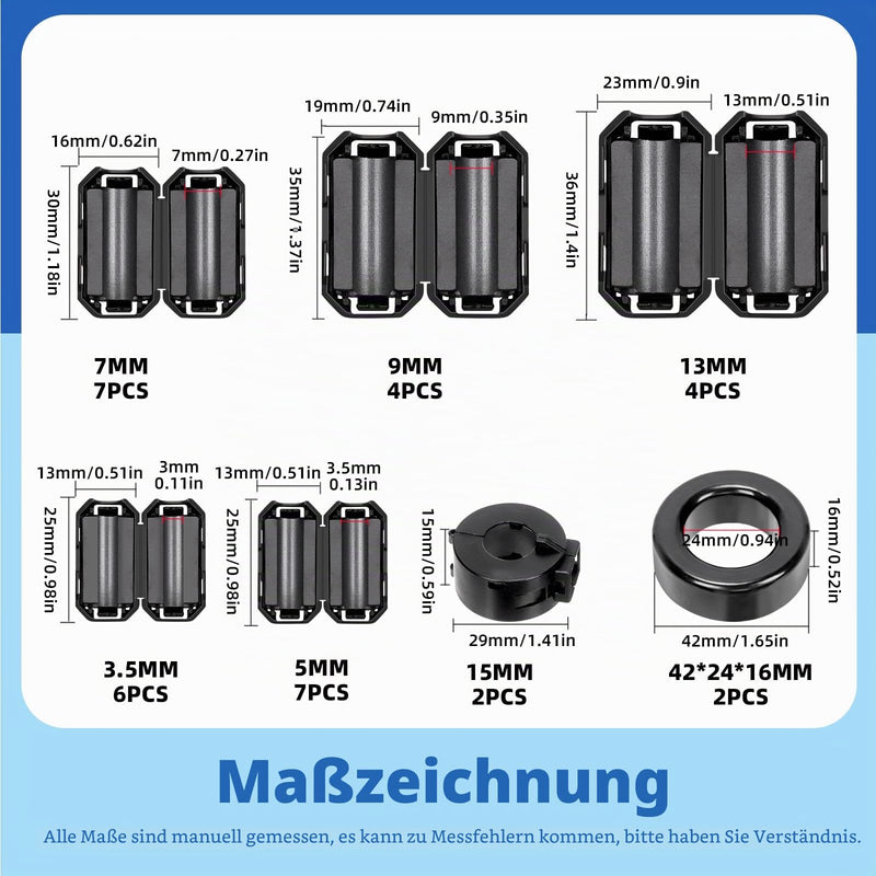 Glarks 32pcs Black Clip-on Ferrite Ring Core Set Includes 3.5/5/7/9/13 mm Inner Diameter Cable Clips RFI EMI Noise Canceling Cable Clips 42 x 24 x 16 mm Toroid Cores 15 mm Ferrite Cores