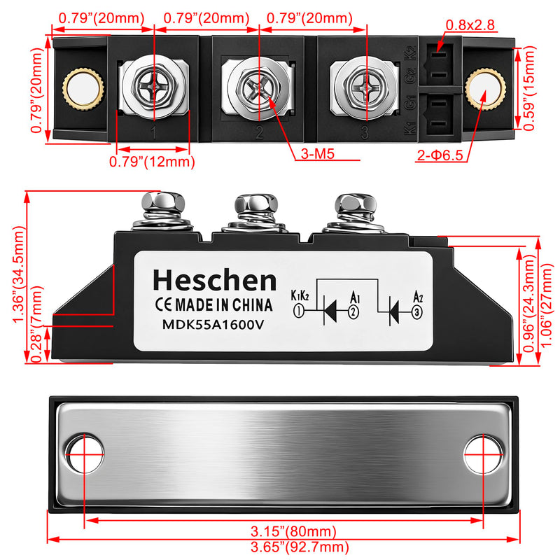 Heschen Photovoltaic Antireverse Rectifier, MDK-55, 55A 1600V, Full Wave Diode Module, Bridge Diode Rectifier Module