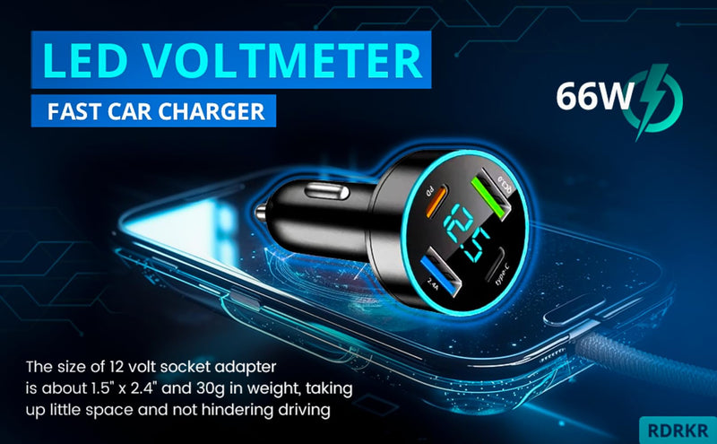 66W Car Charger Cigarette Lighter USB Charger, 4-Port Car Charger, 2 * USB 2.4 +PD+Type C Cigarette Lighter AdapterVoltmeter Compatible with Samsung/iPhone and other Android and iOS Devices