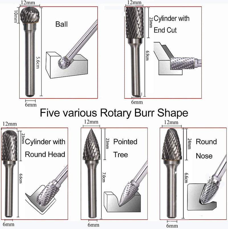 5 Piece Carbide Burr Set, 6 mm Shank, 10 mm Burr, Rasp Set for Drill Polishing, Engraving, Drilling Tools et