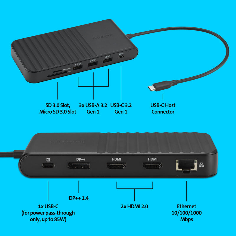 Kensington UH1510P USB C Hub 11-in-1 Triple Display with 2 HDMI 1 DP++, 85W Power Charging, Ethernet, SD/MicroSD Card Slots, 3xUSB-A, 2xUSB-C, USB C Dongle for Dell/HP/Lenovo/ThinkPad (K34040WW)