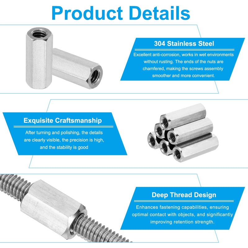 PATIKIL M12 x 1.75-Pitch 304 Stainless Steel Hex Coupling Nuts, 6Pcs 50mm/ 2" Length Coarse Fully Threaded Rod Coupling Nut Studding Connector Fasteners, Silver Tone M12-1.75 x 50mm 6