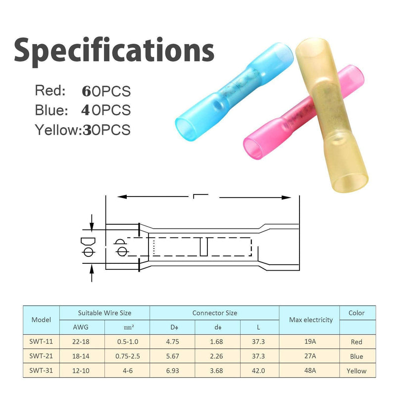 CESFONJER Waterproof Cable Connectors | Cable connector butt connector shrink connector | Cable lugs crimp connector set (red 60 pieces, blue 40 pieces, yellow 30 pieces)