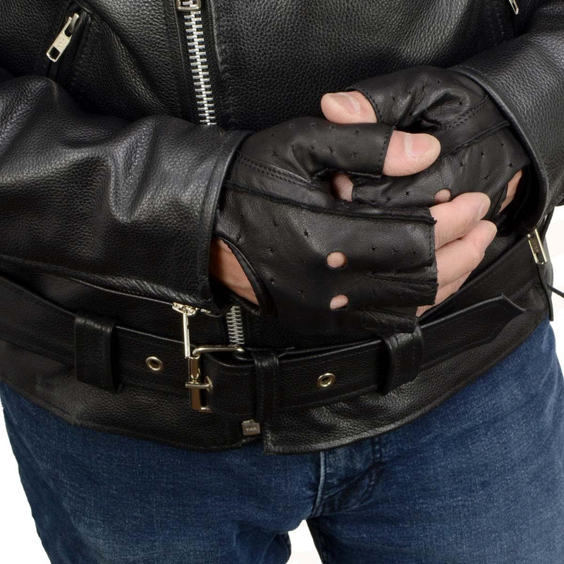 Milwaukee Leather SH195 Men's Black Leather Perforated Gel Padded Palm Fingerless Motorcycle Hand Gloves W/ ‘Open Knuckle’ Large