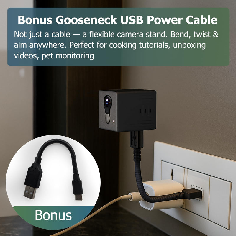Mini Camera, Wireless Indoor Security Cam with long lasting Battery, AI Human Detection, Night Vision, Magnetic Mount, Gooseneck USB Cable, Compact WiFi Spy Camera for Home/Nanny/Pet Monitoring