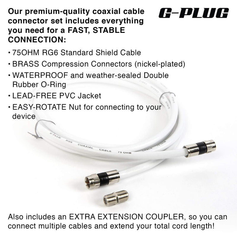 G-PLUG 10FT RG6 Coaxial Cable Connectors Set – High-Speed Internet, Broadband and Digital TV Aerial, Satellite Cable Extension – Weather-Sealed Double Rubber O-Ring and Compression Connectors White 10 FT