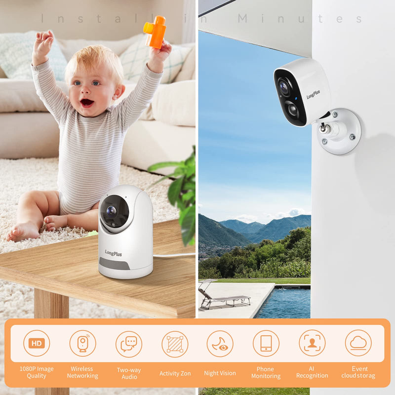 LongPlus Security Cameras Wireless Bundles, Outdoor Camera Wireless Camera for Home Security, Indoor Outdoor WiFi Cameras with AI Motion Detection, 2-Way Talk, Cloud/SD Storage